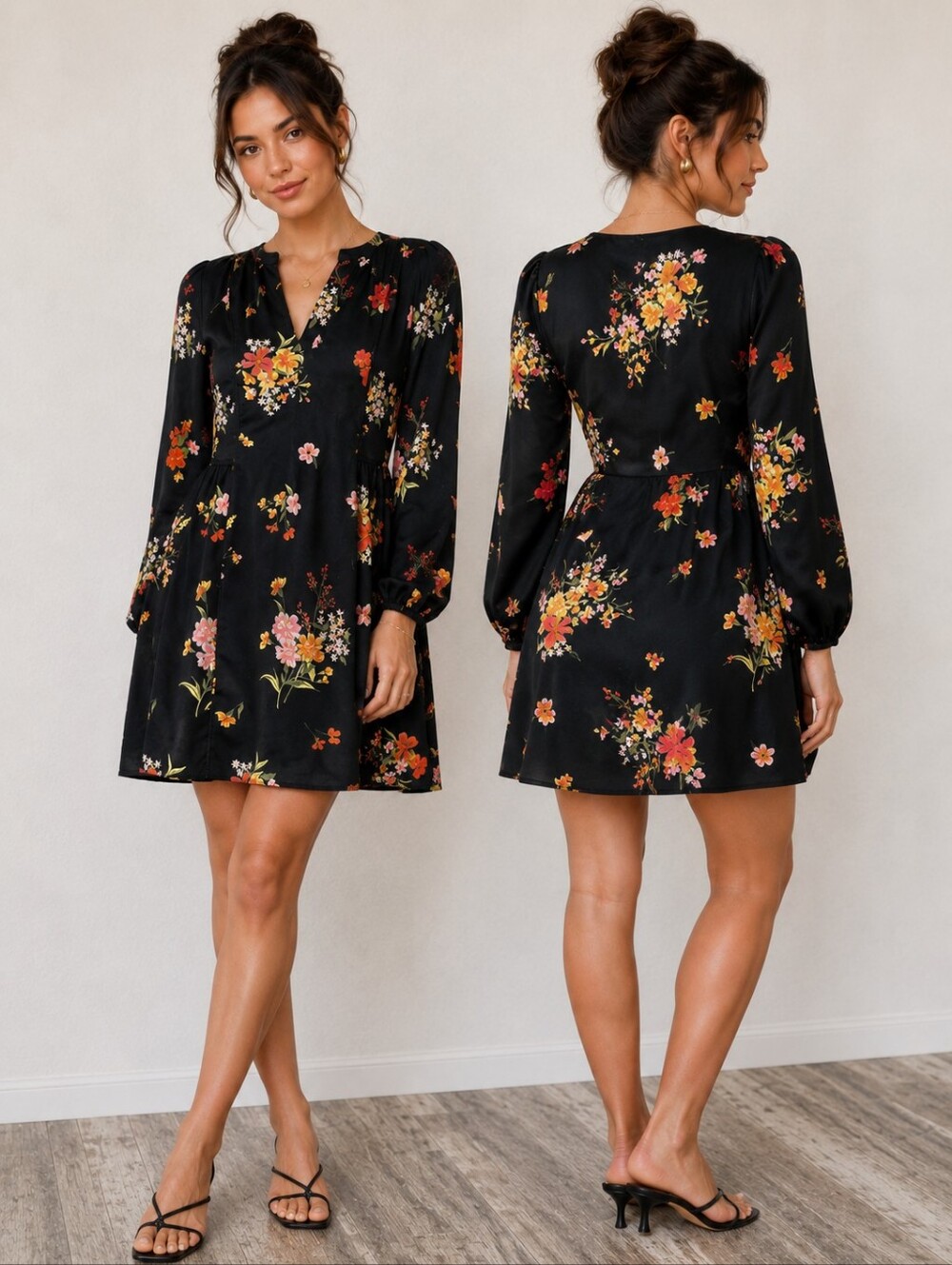 Old Navy Black Floral Babydoll Mini Dress Long Sleeve Women’s XS